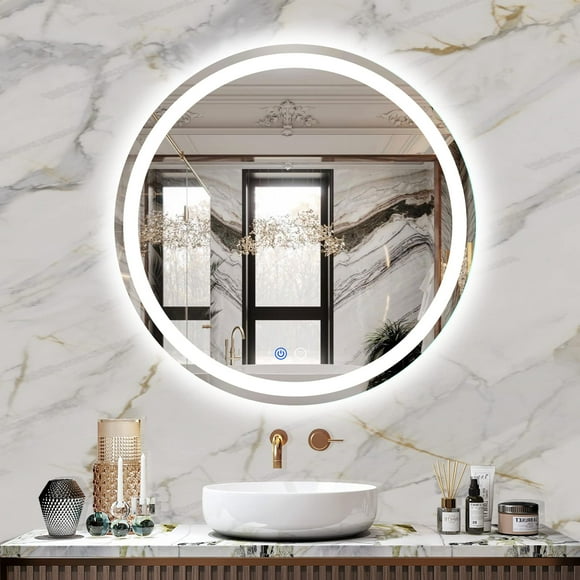 FITLAND Miroir de Salle de Bain LED 24 Pouces Miroir de Vanité Rond, Anti-Buée, Dimmable, 3 Températures de Couleur, Fonction Mémoire Miroir Mural LED pour Salle de Bain, Vanité, Rasage (Vertical/Horizontal)