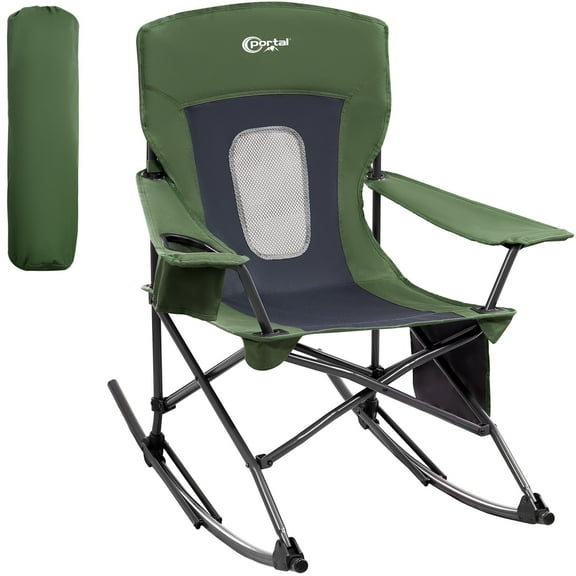 PORTAL Rocking Camping Chair, Portable Folding Rocker Steel for Outdoor with Cup Holder Side Pocket and Carry Bag, Supports 350LBS, Green