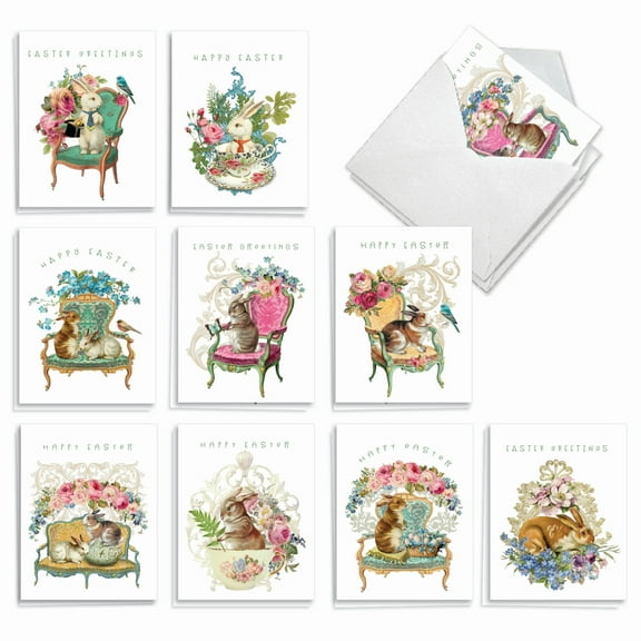 20 Easter Note Cards with Envelopes (4" x 5.12") - Victorian Blooms and Bunnies Easter (10 Designs, 2 Each) AM3513EAG-B2x10