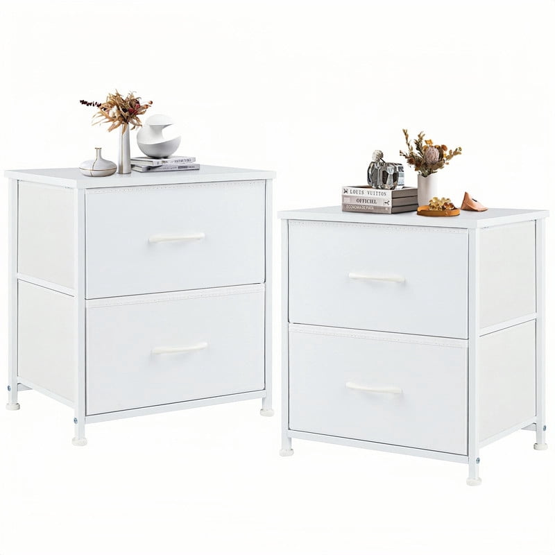 Kelno 2PCS Nightstand 2-Drawer Fabric Storage Dresser Small Bedside Table Wood Top, White