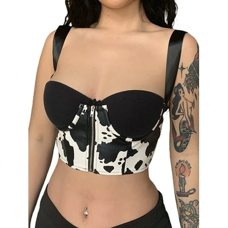 

Amuver Women Bustier Crop Tops Adults Tie-up Push-up Cow Print Zipper Corset Tops for Club Party