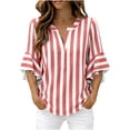 thumbnail image 2 of Women's Casual Loose Linen Striped V-Neck Three-Quarter Sleeve Ruffled Top, 2 of 8