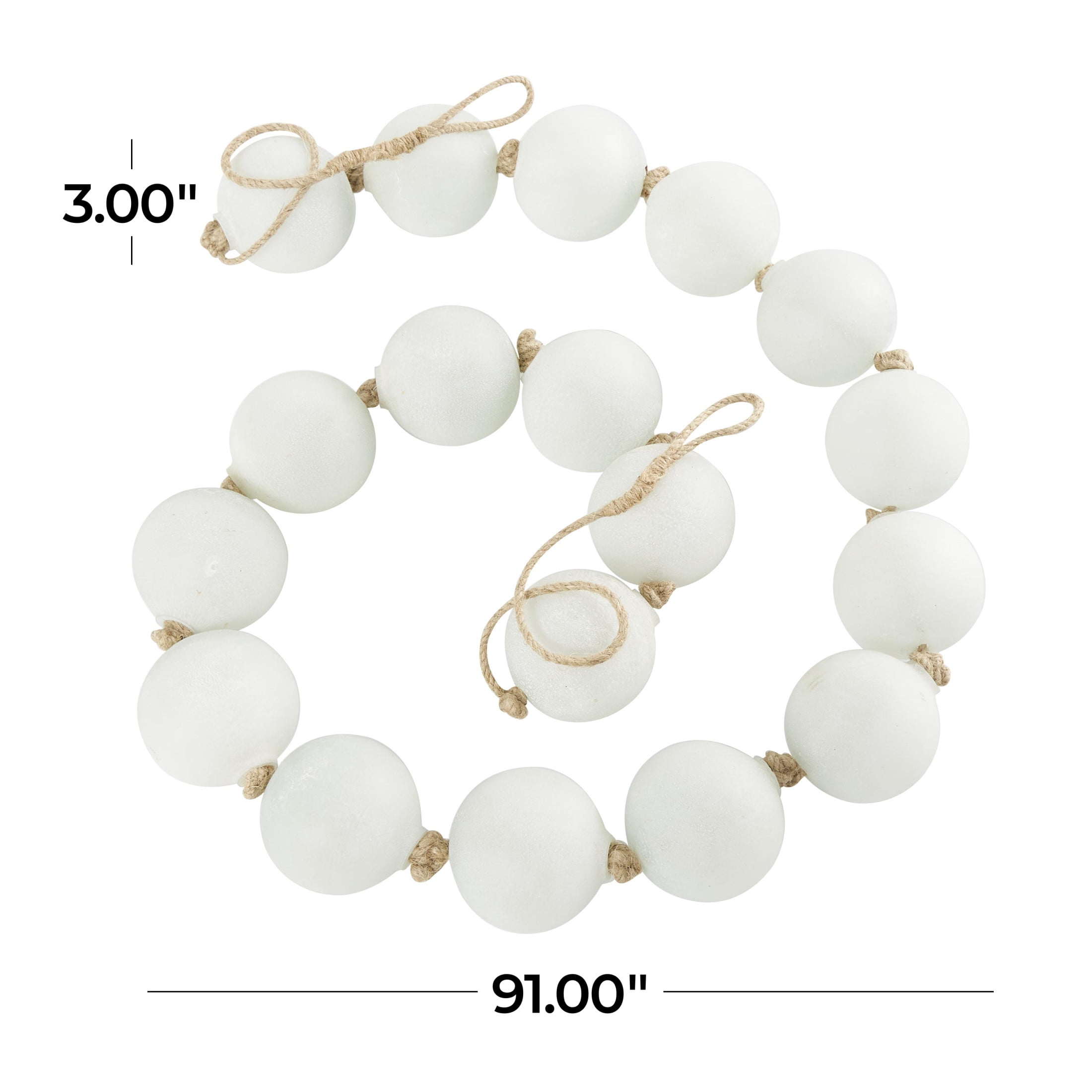 DecMode Handmade Round Extra Long Frosted Orb White Glass Garland with Tassel with Knotted Jute Rope