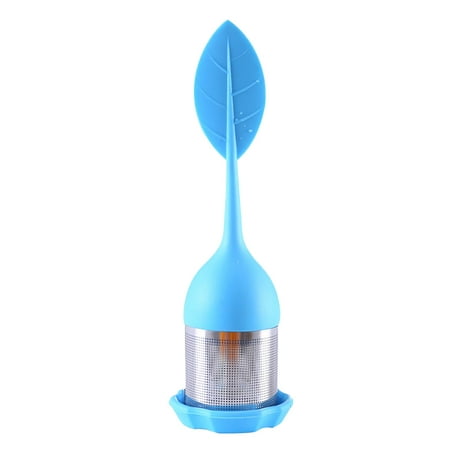 

JWDX Food Storage Clearance Tea Infuser ，Silicone Handle Stainless Steel Strainer with Drip Tray Sky Blue
