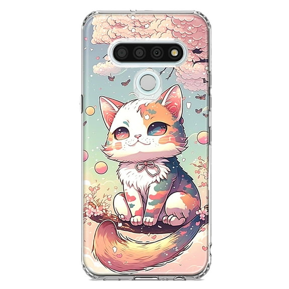 MUNDAZE LG Stylo 6 Shockproof Clear Hybrid Protective Phone Case Kawaii Manga Pink Cherry Blossom Cute Cat Cover