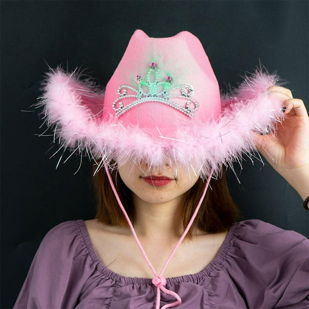 Boina Rosa De Punto Con Pluma Para Mujer – Sombrero Vaquero Con Flecos Para Fiestas Y Disfraces, Talla única