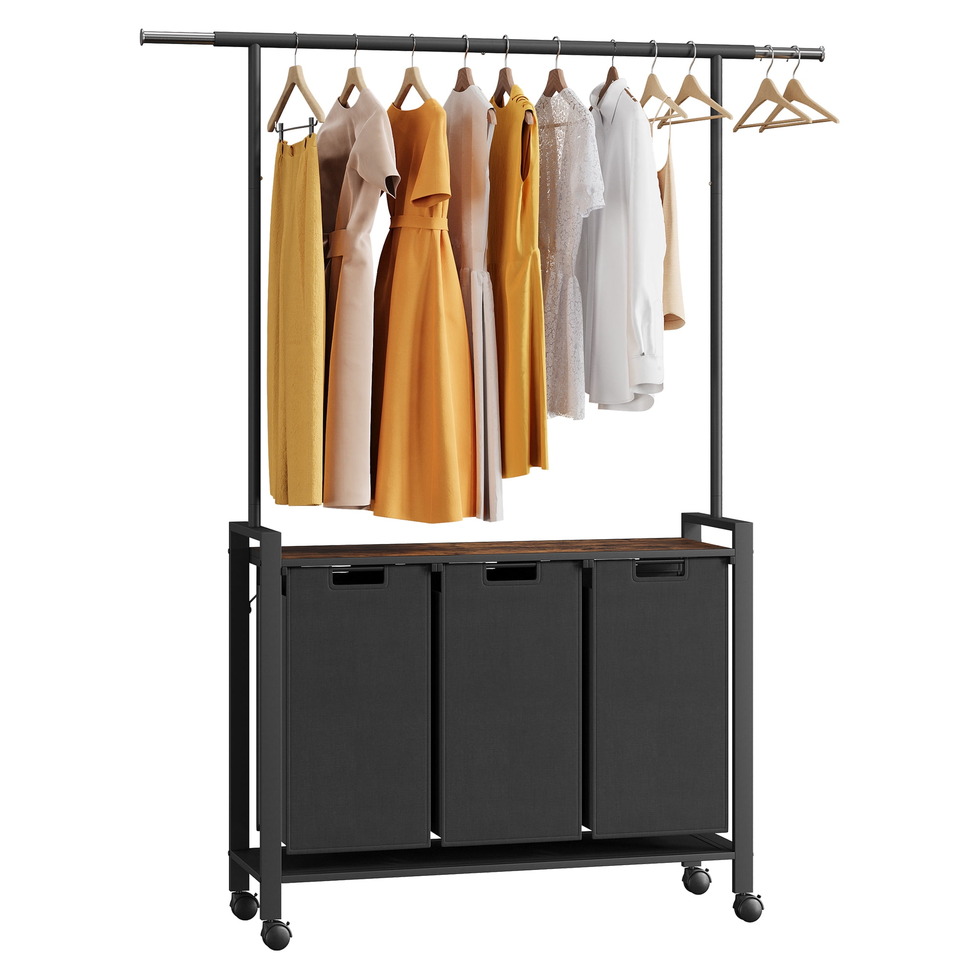 Laundry Sorter 2 or 3 Section Laundry Hamper Sorter with Clothes Hanging Rod and Wooden Storage Shelf 2 X 13gal Laundry Basket Organizer for Laundry Room Organization Storage Baskets, Black