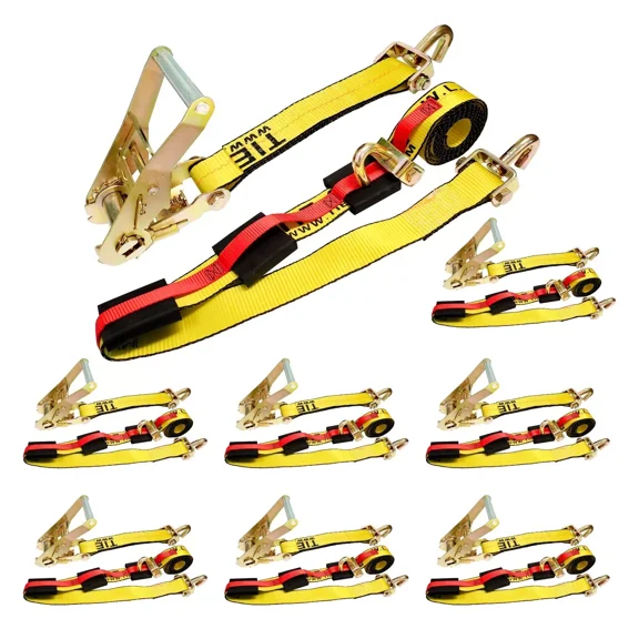 8 Pack 2" x 10' Over The Tire Car Hauler Ratchet Tie Down Strap w/ Swivel J Hook