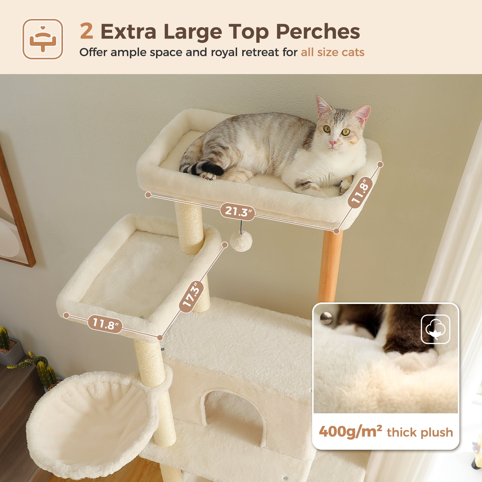 Pefilos 73" Tall Cat Tree Tower with 2 Hammocks, 2 Top Beds, 8 Fully Scratching Posts and Natural Wood Posts for Indoor Cats, Beige