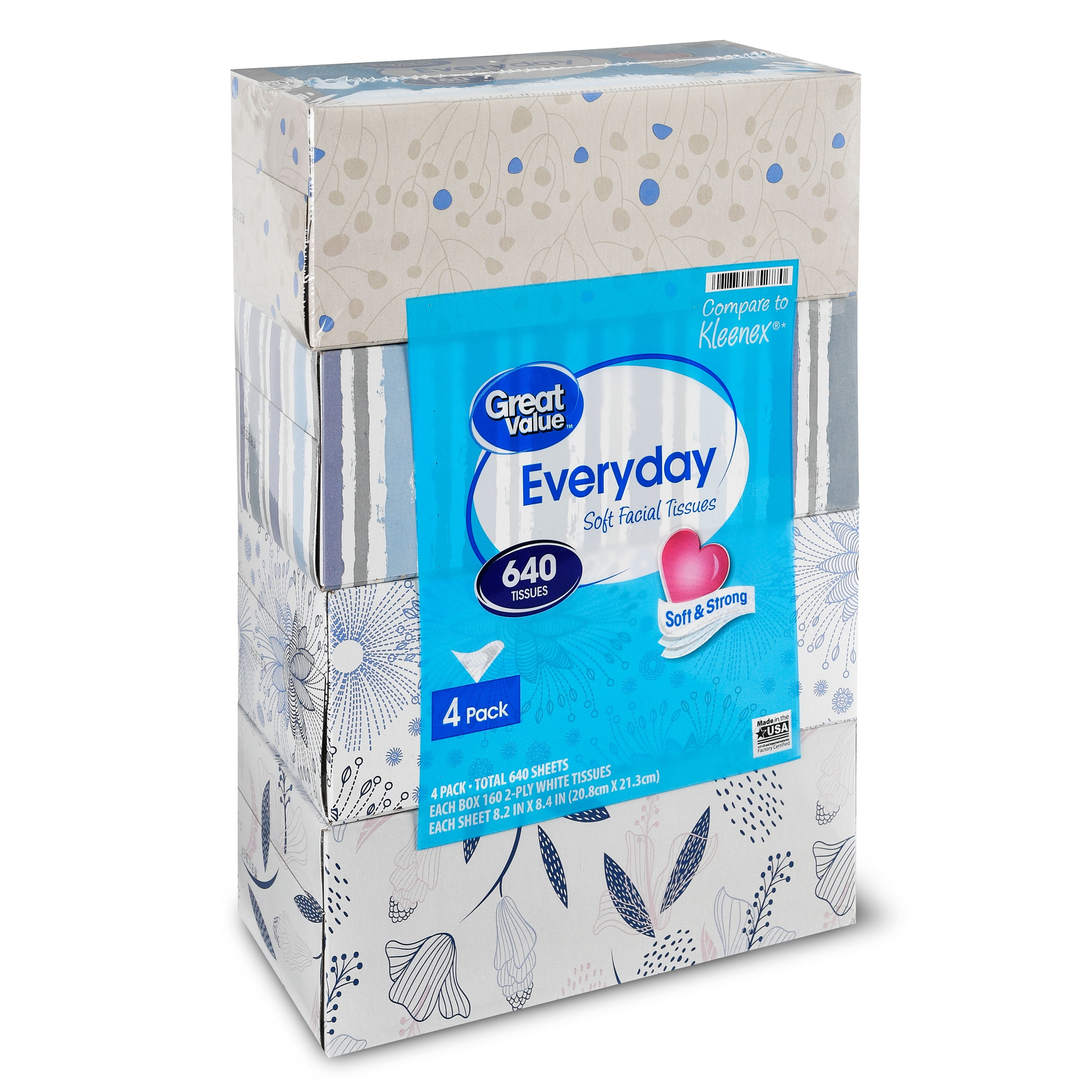 Great Value Everyday Soft Facial Tissues, 160 Count, 4 Pack