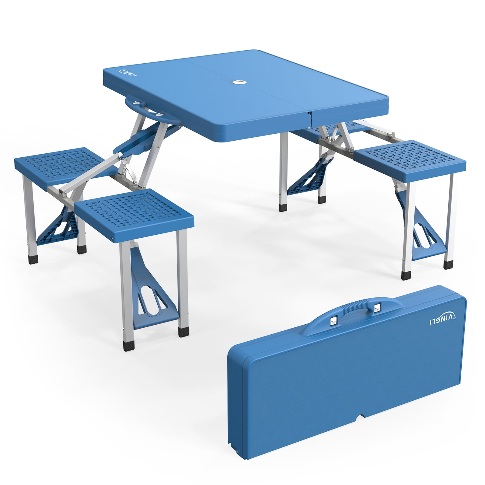 VINGLI Camping Picnic Portable Folding Table Set with 4 Seats & Umbrella Hole, Blue