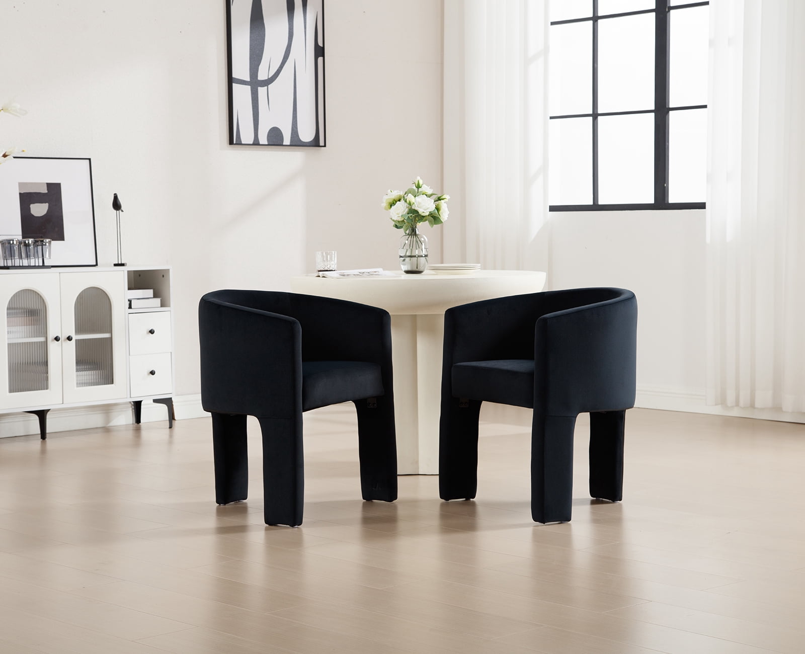 Guyou Modern Boucle Dining Chairs, Barrel Velvet Side Chair with Curved Backrest and Arms, Comfy Dressing Vanity Chairs, Upholstered Kitchen Chairs for Living Room Bedroom Dining Room, Black