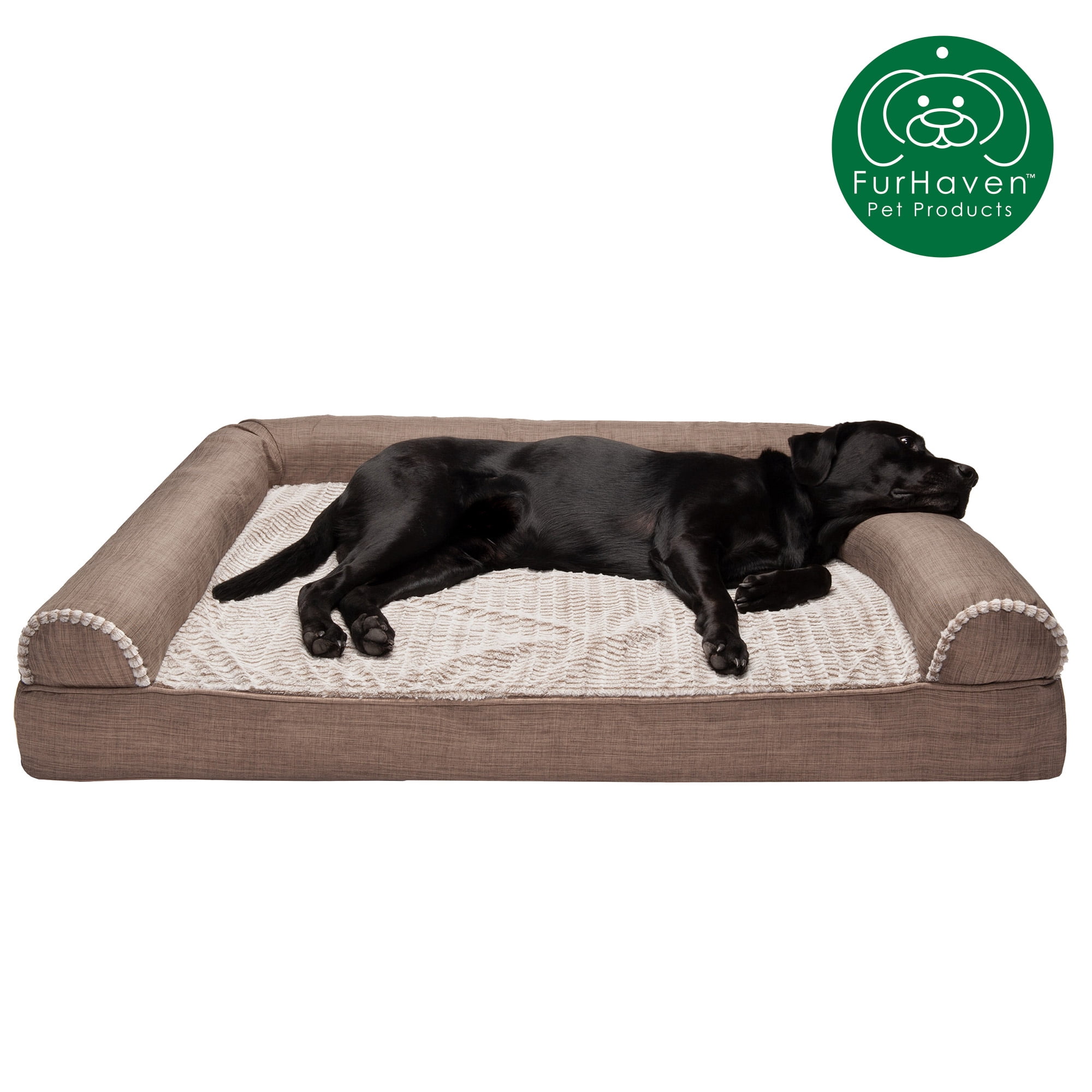 FurHaven Pet Products Luxe Fur & Performance Linen Orthopedic Sofa Pet Bed for Dogs & Cats - Woodsmoke, Jumbo Plus