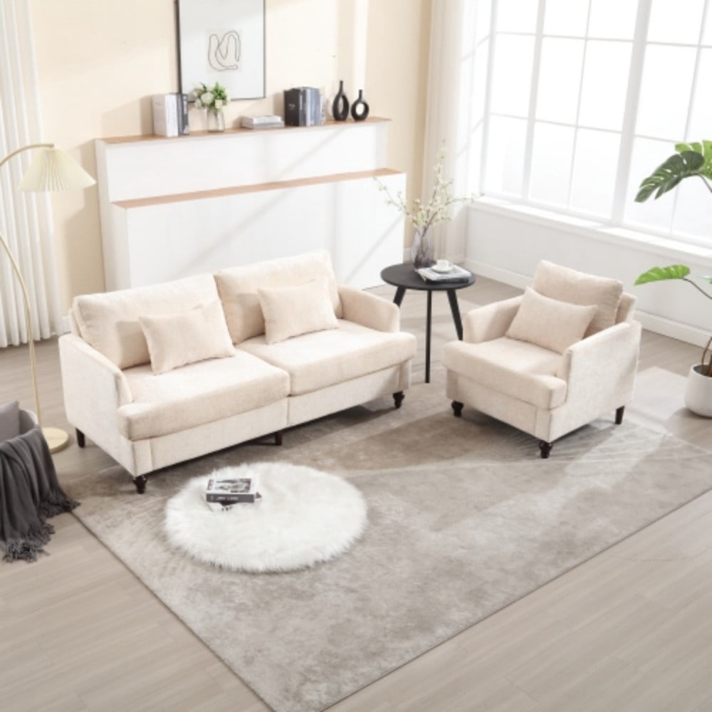 Accent Chair, Mid Century Modern Chenille Armchair with Tufted Back, Studded Solid Wood Frame, Upholstered Lounge Chair for Living Room, Bedroom, Beige