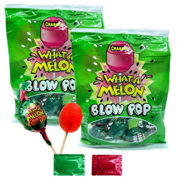 Charms Blow Pop Bubble Gum Filled Lollipops, Watermelon Flavored Hard Candy, Individually Wrapped Treats for Party Favor Stocking Stuffer Birthday Gift 3.25 oz 2 Bags with 2 Snoep in Beperkte Oplage