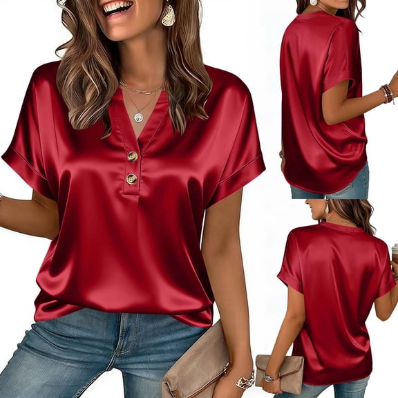 Womens Tops Boho Work Blouses for Women Women Satin Blouses For Women Button Down Shirts V Neck Short Sleeve Business Casual Tops Red M
