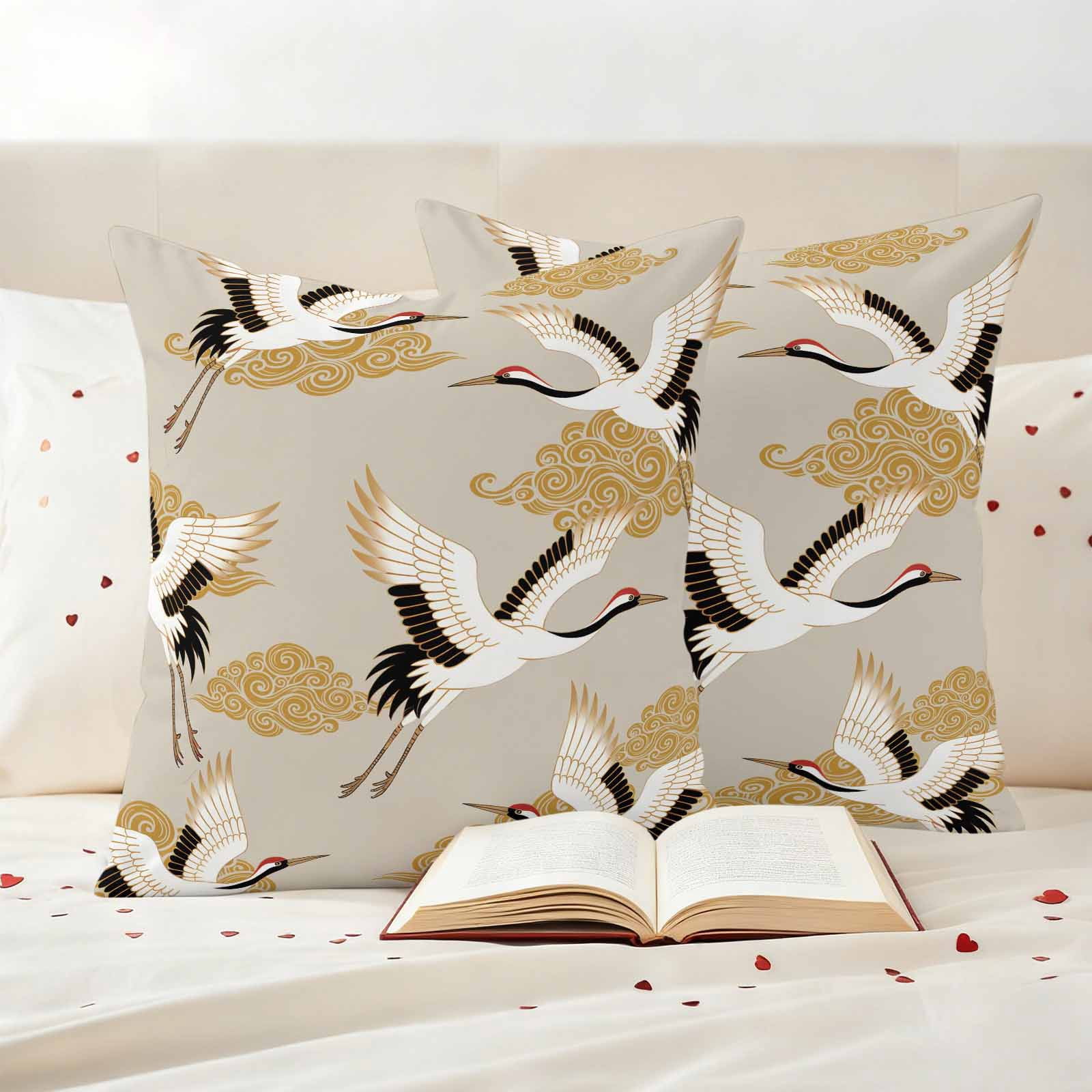 White Crane Outdoor Waterproof Throw Pillow Covers 16x16 Set of 2, Golden Chinese Auspicious Clouds Vintage Beige Pillowcases Cushion Pillowcase for Couch Sofa Patio Outside Pillow Protector