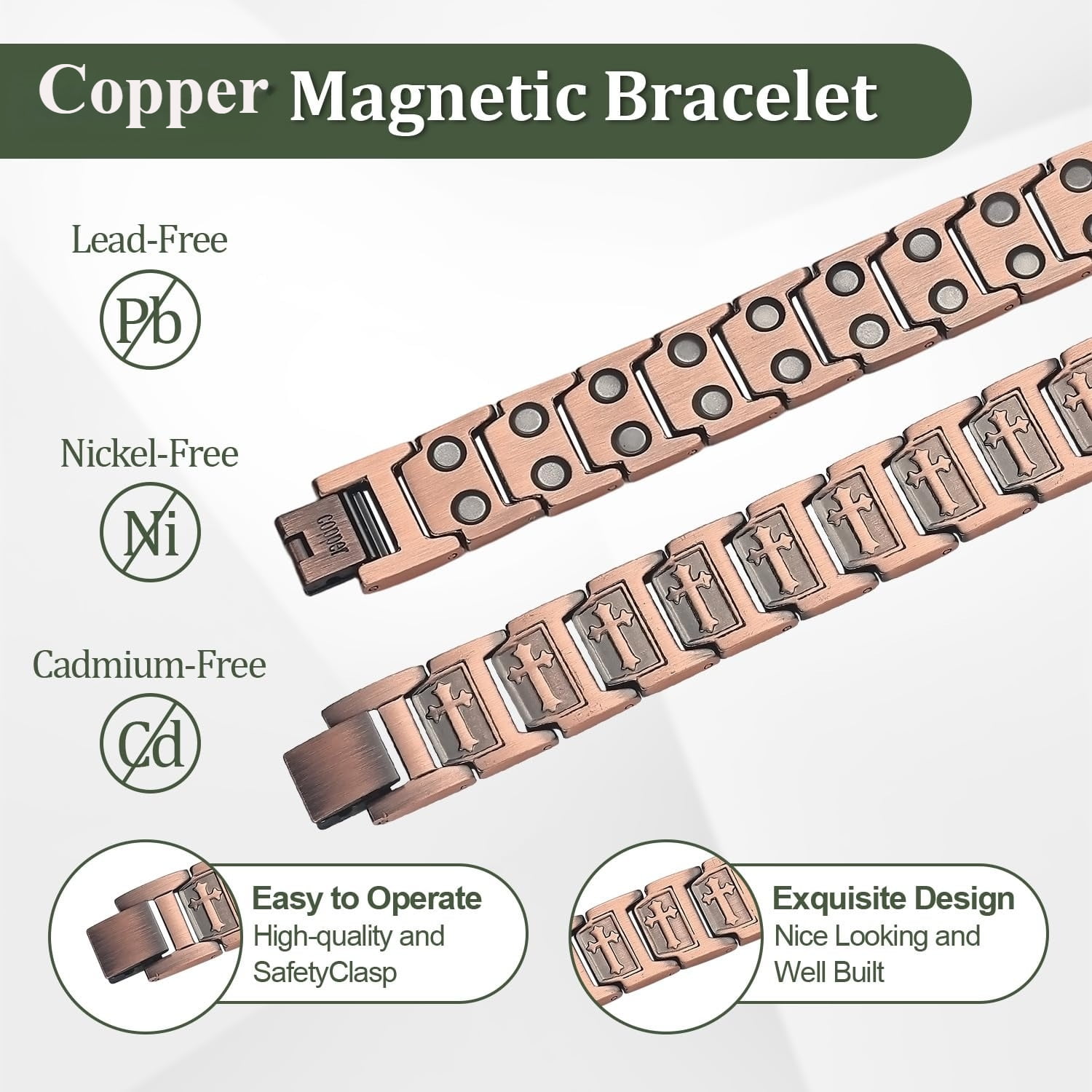 Wollet Copper Magnetic Bracelet Ring Set for Men, Adjustable Cross，99.99% Pure Copper Jewelry Gift for Dad