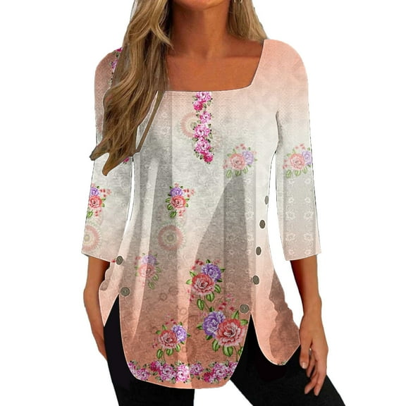 Dyegold Fall Tops For Women 2023 Trendy Long Sleeve Shirts Casual Loose Floral Tunics Fashion Slit Button Square Neck Blouse