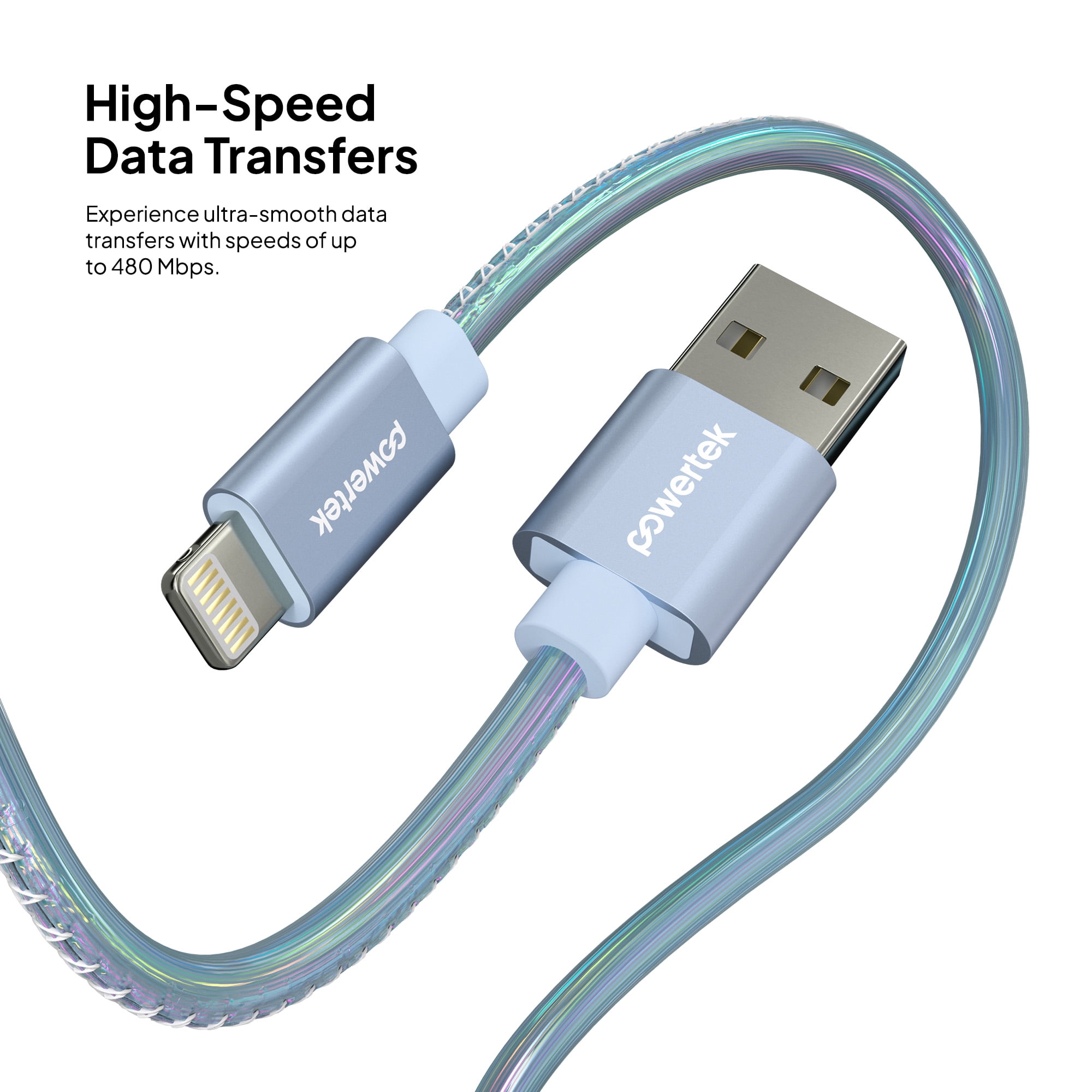 Powertek MFi Certified USB-A to Lightning Metallic Shine Pastel Charging Cable, 6 ft, Blue