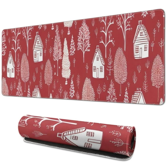 Long Mouse Pads for Desk,Red Christmas Village Pattern Desk Mats on Top Of Desks, Desk Mouse Pad Extra Large with 3mm Non-Slip Base and Stitched Edge for Gaming,Office,Work,Home 31.5x11.8in
