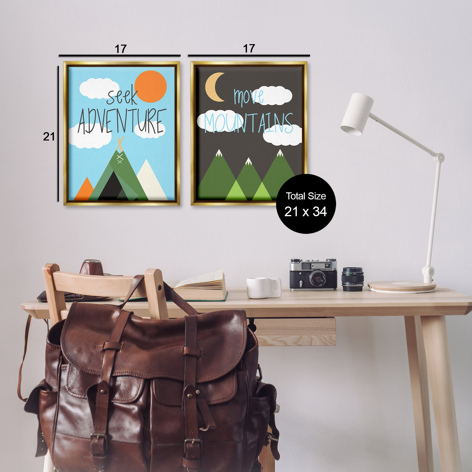 Stupell Industries Seek Adventure Move Mountains Text & Numbers Painting Gold Floater Framed Canvas Art Print Wall Art, 17 x 21, Set of 2