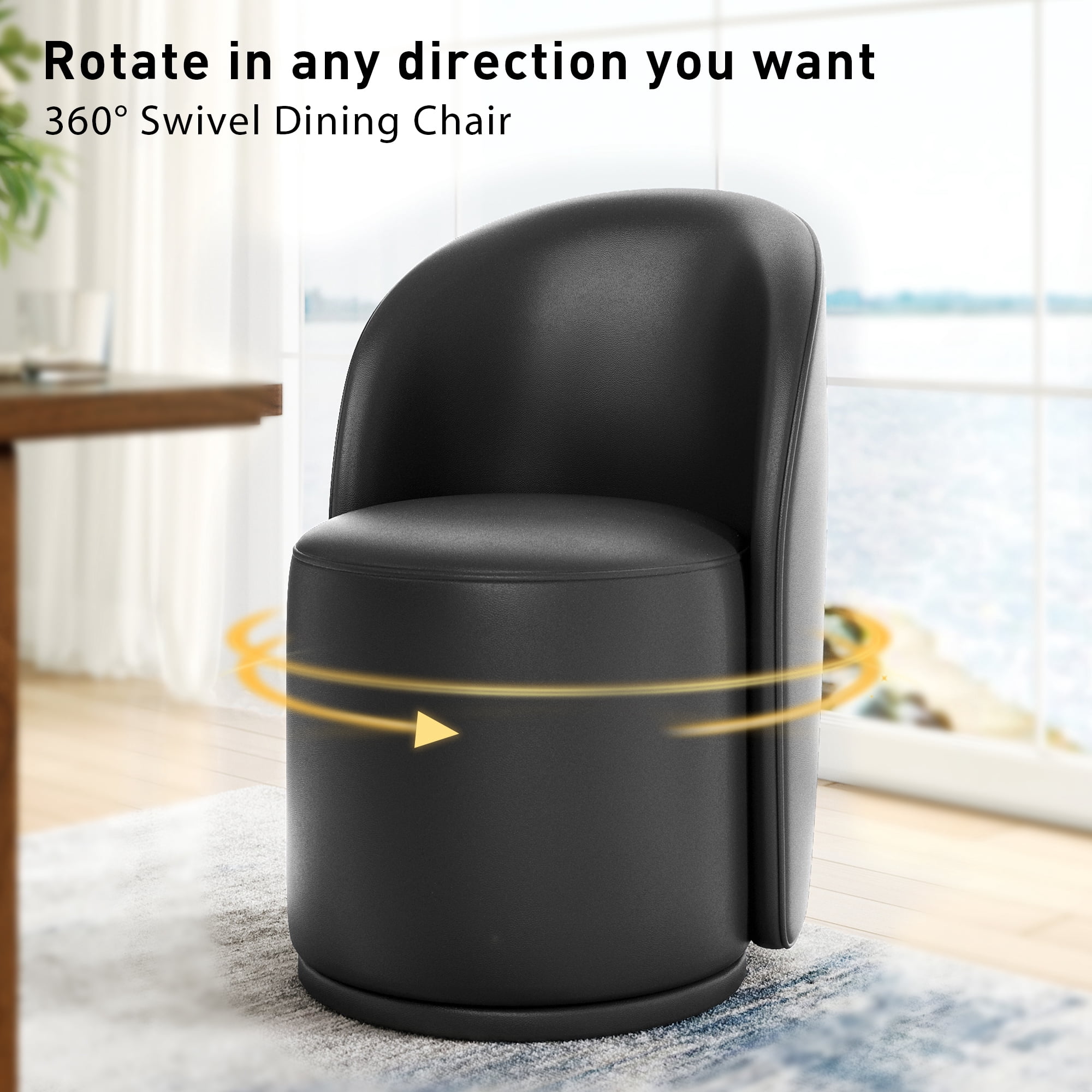 DREAMSIDEA Swivel Dining Chair, Upholstered Barrel Accent Chair for Dining Room & Kitchen Chairs, Morden Round Vanity Chair for Living Room&Bedroom, Faux Leather-Black