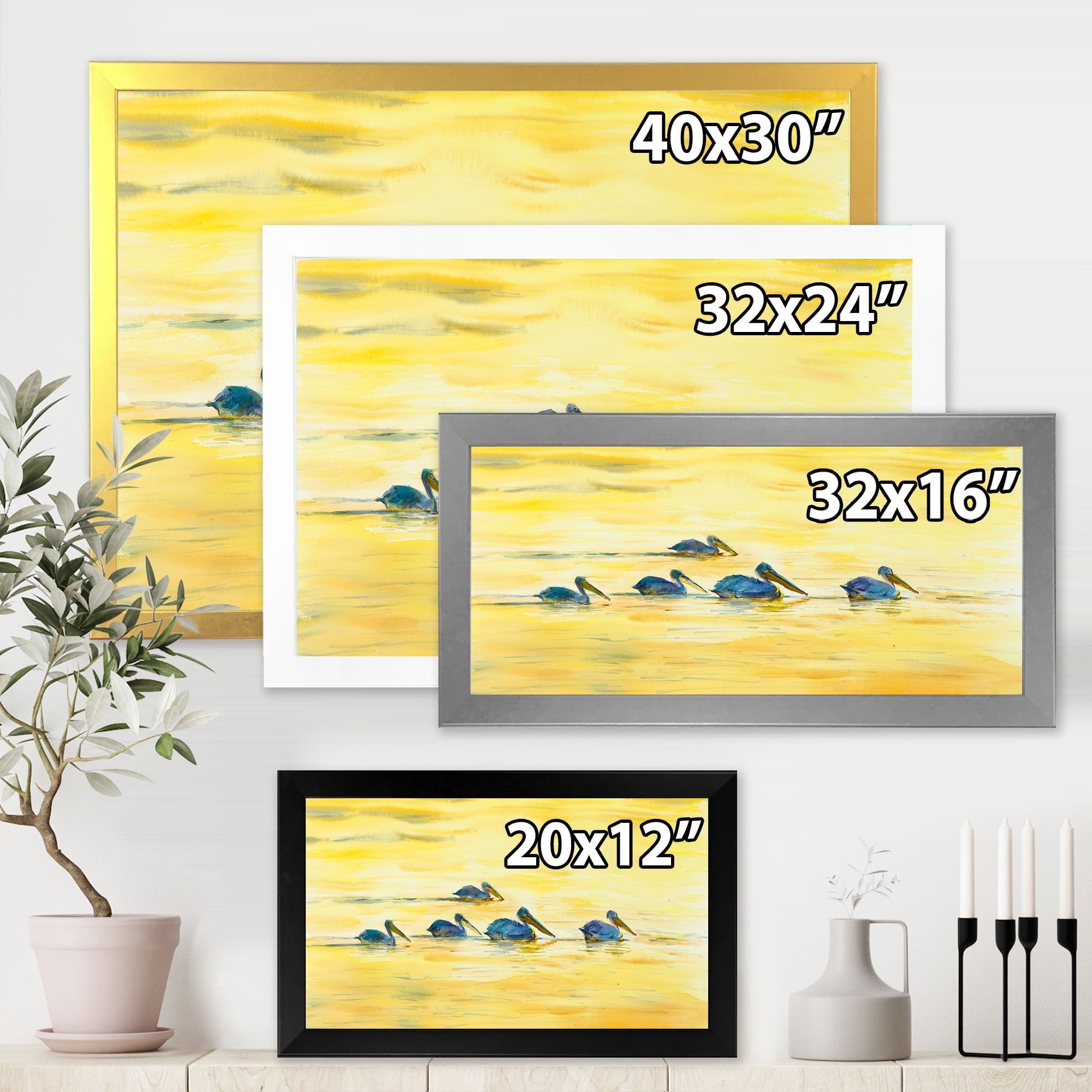 Designart 'Pelicans Birds On The Yellow River' Farmhouse Framed Art Print