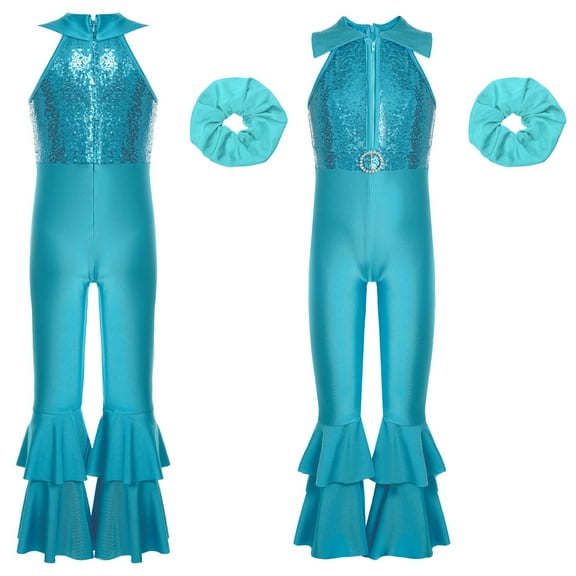 iiniim Kids Girls 70s Party Hippie Bell-Bottom Jumpsuits Sparkly Sequins Disco Dance Fancy Dress Blue 14