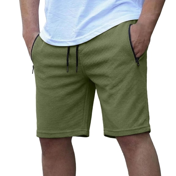 Ohufall Shorts for Men Elastic Waist Solid Color Short Pants with Zipper Pocket Straight Leg Casual Shorts