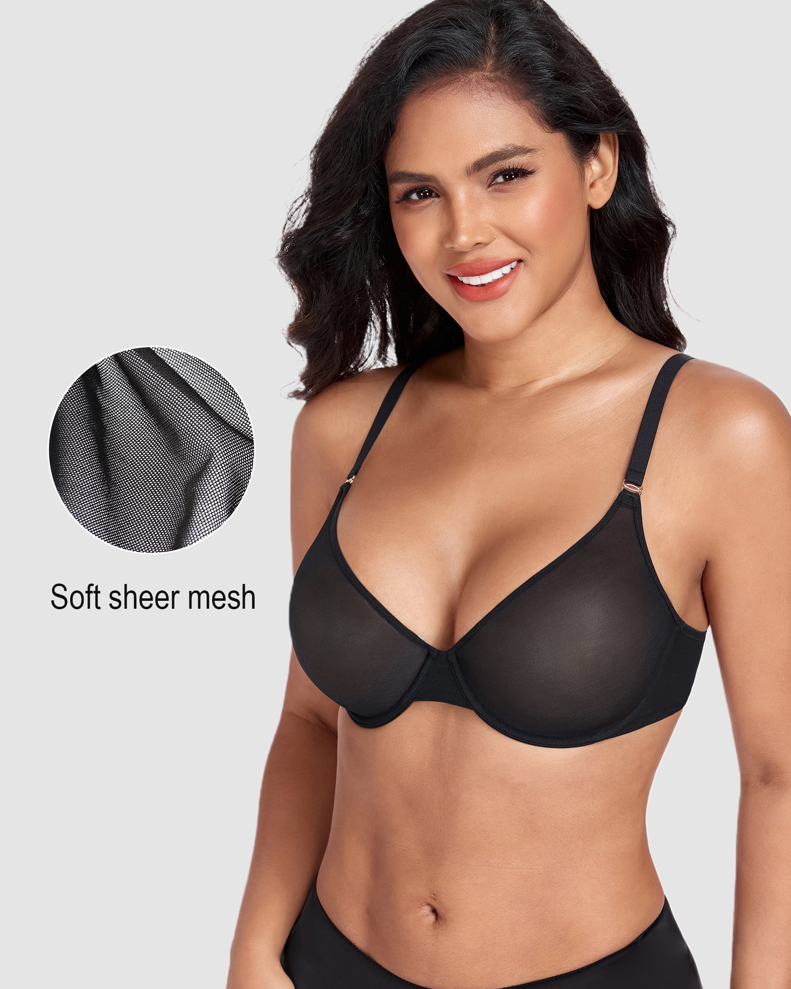 Exerin Women's See Through Underwire Unlined Comfort Sexy Sheer Mesh Bra(34DD,Black)
