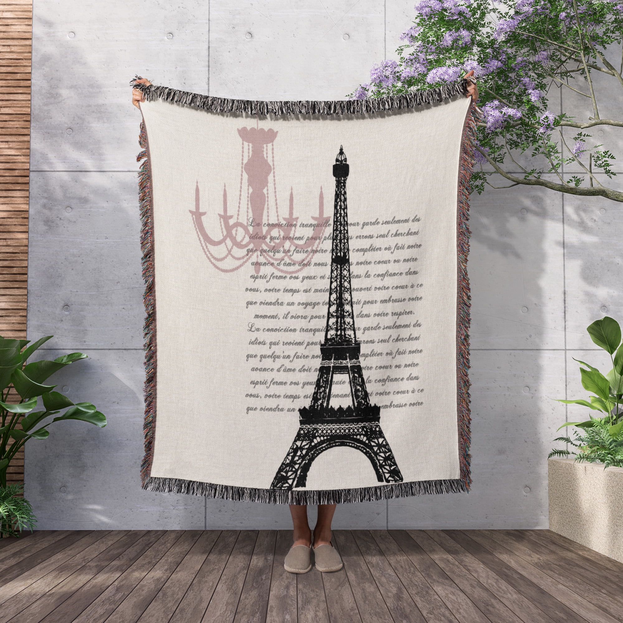 Chic Chandelier And Eiffel Tower With Script, Woven Blanket