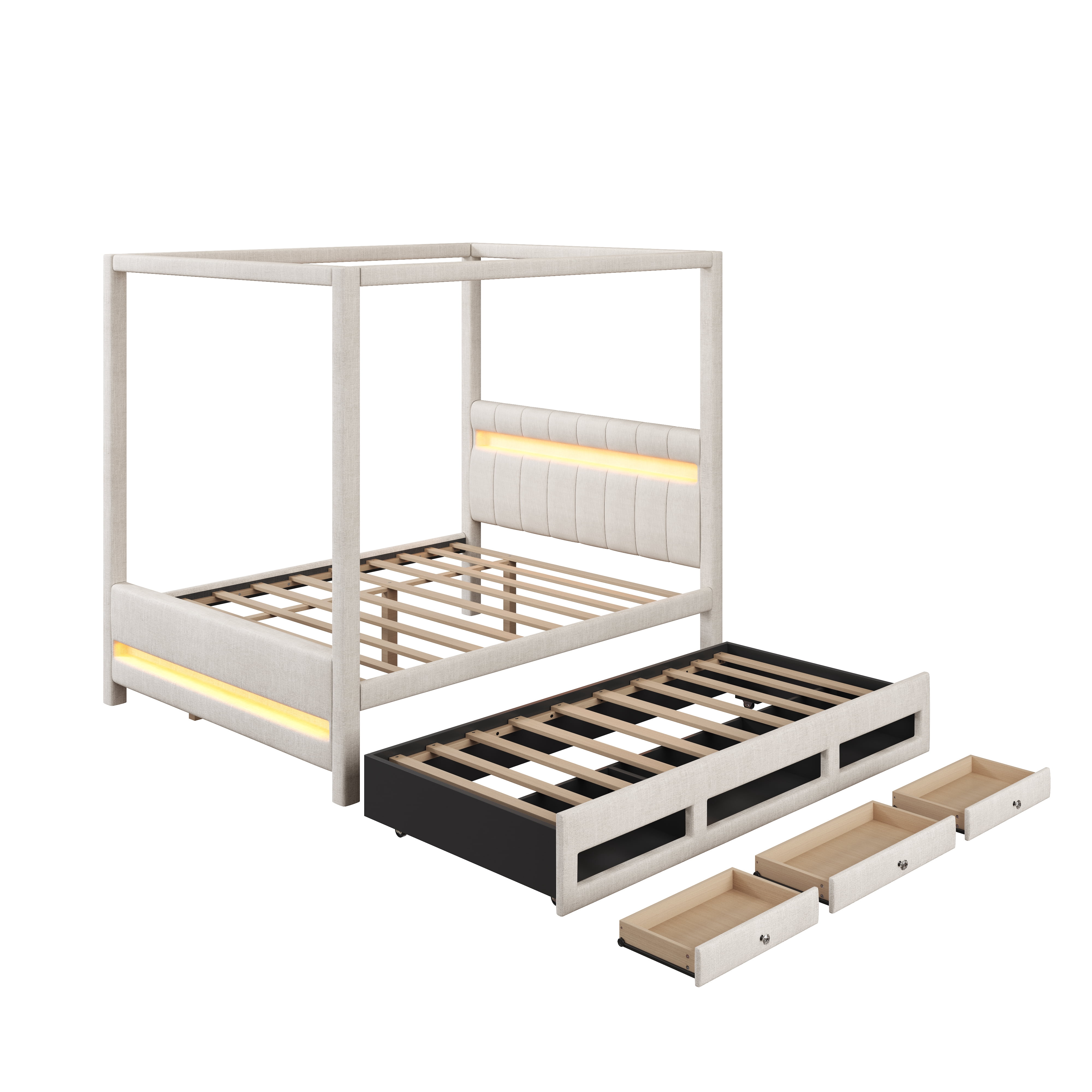 Euroco Upholstery Queen Size Canopy Bed with LED Light, No Box Spring Needed Platform Bed with Twin Trundle and Drawers, Beige