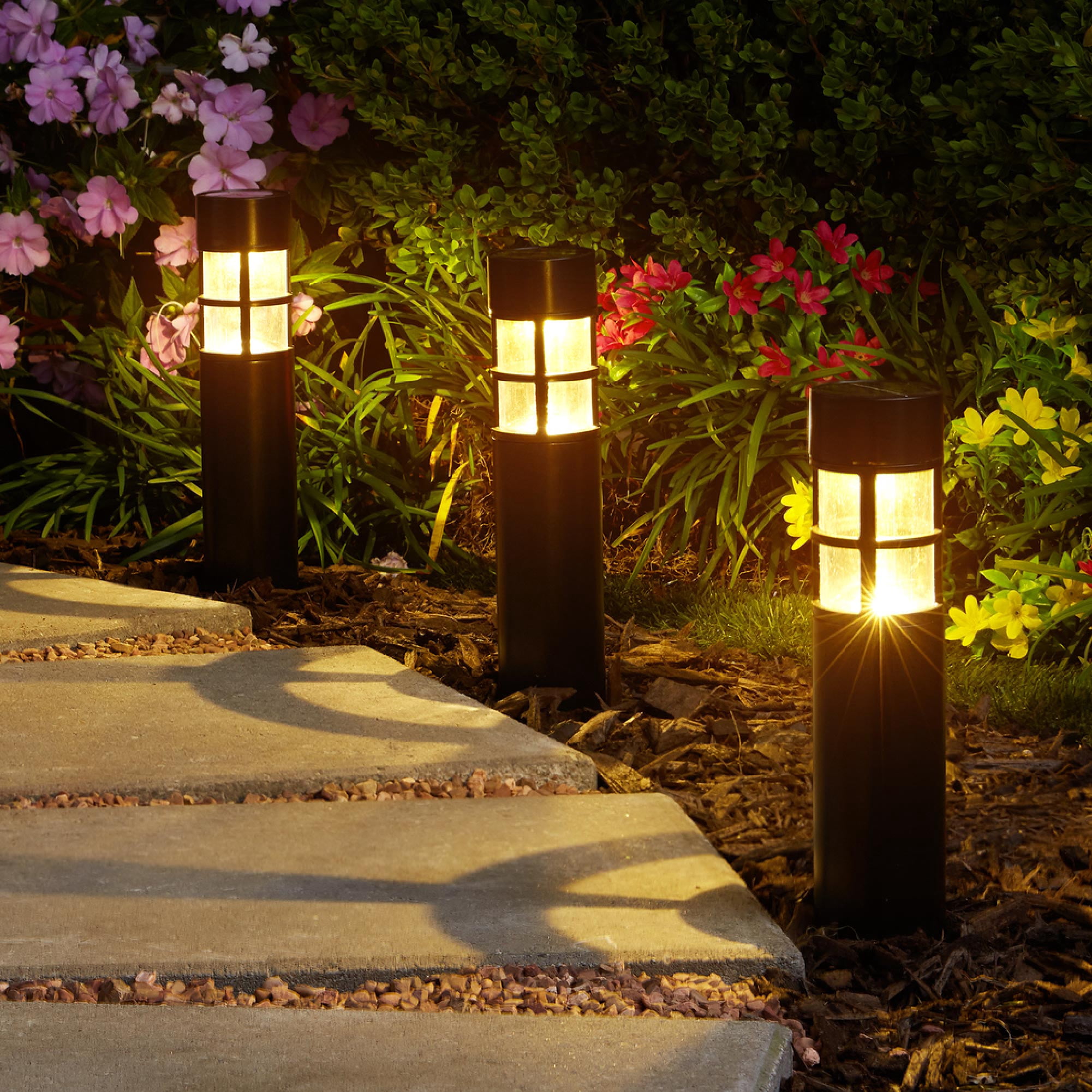 (2 pack) Mainstays Solar Powered Black Bollard Landscape Path Light, 10 Lumens