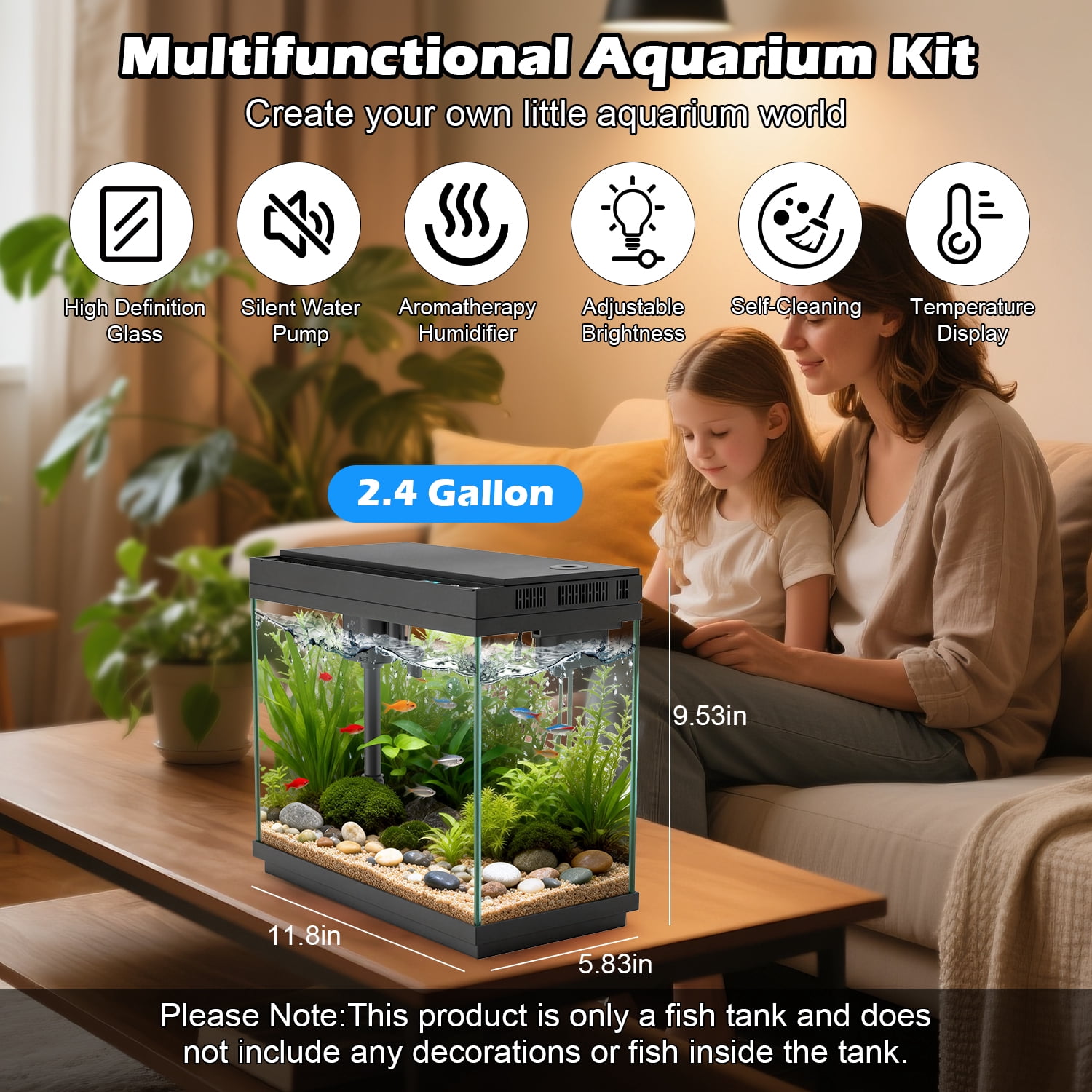 Rechale Smart Fish Tank, 2.4 gal UHD Clear Glass Aquarium with Smart Touch Control, 3-in-1 Silent Pump,7 Color Gradation RGB Lights, Multi-Layer Filtration System,Perfect for Home, Office, and Decor