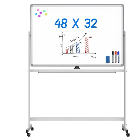 Rolling White Board on Wheels 48x32 inch Double Side Magnetic Dry Erase Board with Stand, Aluminum Frame Easel Mobile Standing Whiteboard for Office, Classroom & Home
