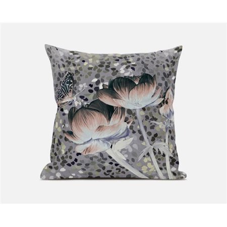 16 x 16 in. Three Roses with Butterfly Broadcloth Indoor & Outdoor Blown & Closed Pillow - Pink, Dark Green & Grey