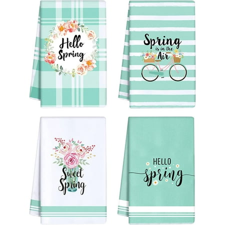 

JOOCAR Kitchen Towels Teal Striped Plaid Bicycle Vase Garland Hello Spring Spring is in the Air 16x27.5 Inches Kitchen Towels for Kitchen Decor Housewarming Gift Towel Set of 4