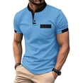 thumbnail image 5 of FRSASU Men's Single Breasted Pocket Round Neck Color Block Short Sleeve Button Down Summer Patchwork Print Polo Shirt Blue, 5 of 5