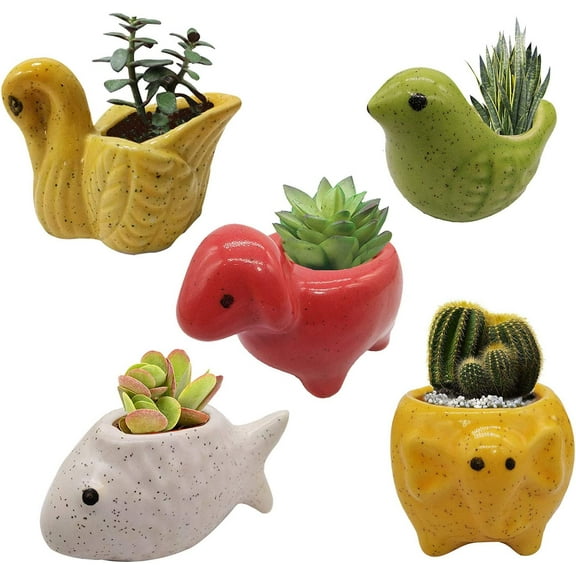 India Meets India Ceramic Flower Pot Planter Plant Pot Indoor Planter Handicraft by Awarded Indian Artisan (Fish, Elephant, Turtle, Bird and Sheep (Set of 5))