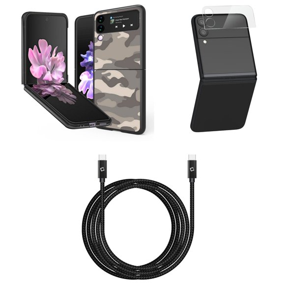 Bemz Premium Bundle for Samsung Galaxy Z Flip 3 5G: Slim Snap-On Protector Case (Grey Camo), Rear Camera Glass Protector, Nylon Braided USB-C to USB-C Cable (4 Feet)