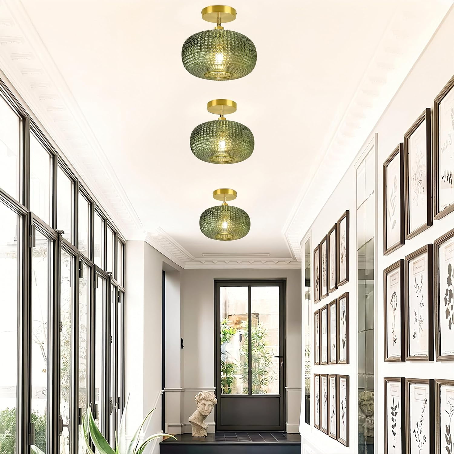 Semi Flush Mount Ceiling Light Fixture,Hallway Light Fixtures,Vintage Globe Glass Ceiling Fixture with Green Shade,Kitchen Ceiling Light Fixture,Farmhouse Ceiling Lighting for Bathroom Entryway Porch