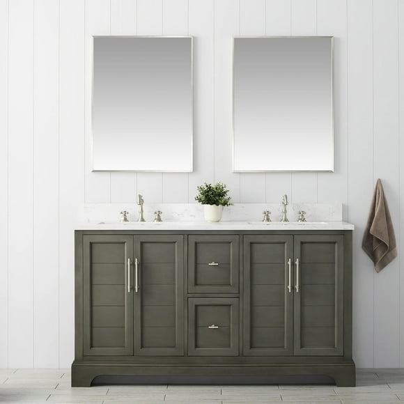 Vanity Art 60 Inch Double Sink Bathroom Vanity with Ceramic Sink and Engineered Marble Top, Without Mirror