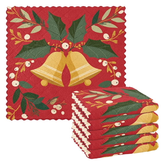 6 Pieces of Kitchen Towels 11x11Inch Kitchen Dish Cloths Kitchen Dish Towels Reuseable Cleaning Cloths Cute Christmas Bell
