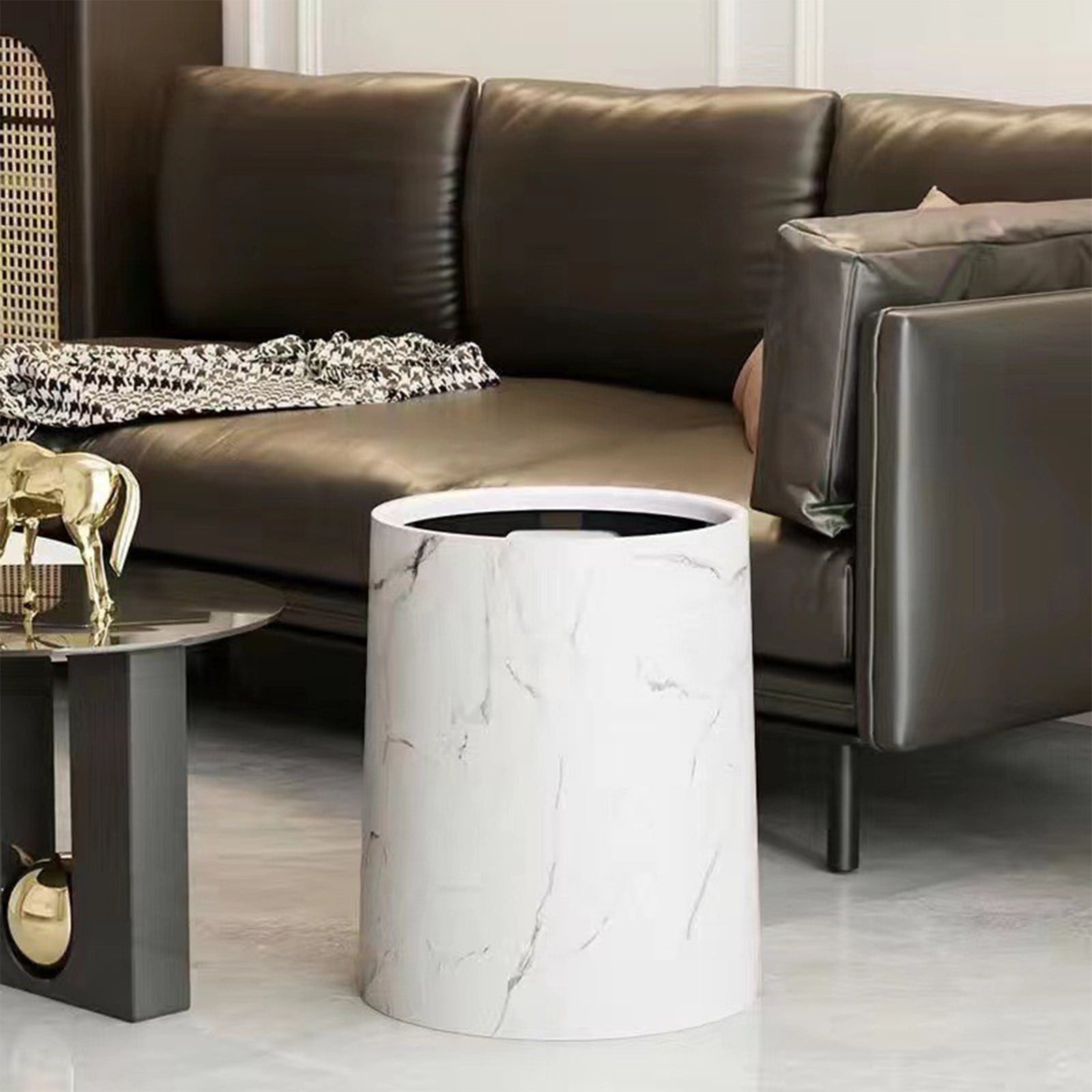PHIGZNT Round Metal Small 3.9 Gallon Recycle Trash Can Wastebasket, Garbage Container Bin for Bathrooms, Kitchen, Bedroom, Home Office - Durable Stainless Steel - Mirri Collection - White Marble