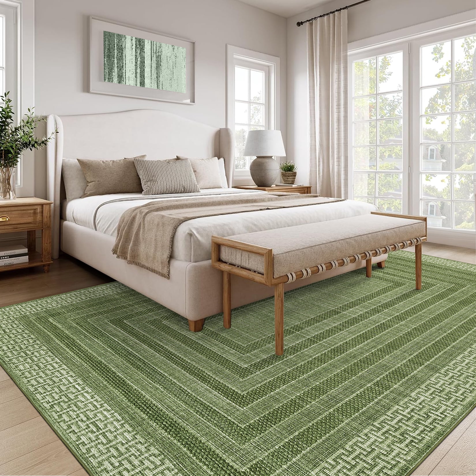 Nasitip Modern Geometric Stripe Green 9'x12' Area Rugs for Living Room Soft Low Pile Non-Sliping, Machine Washable
