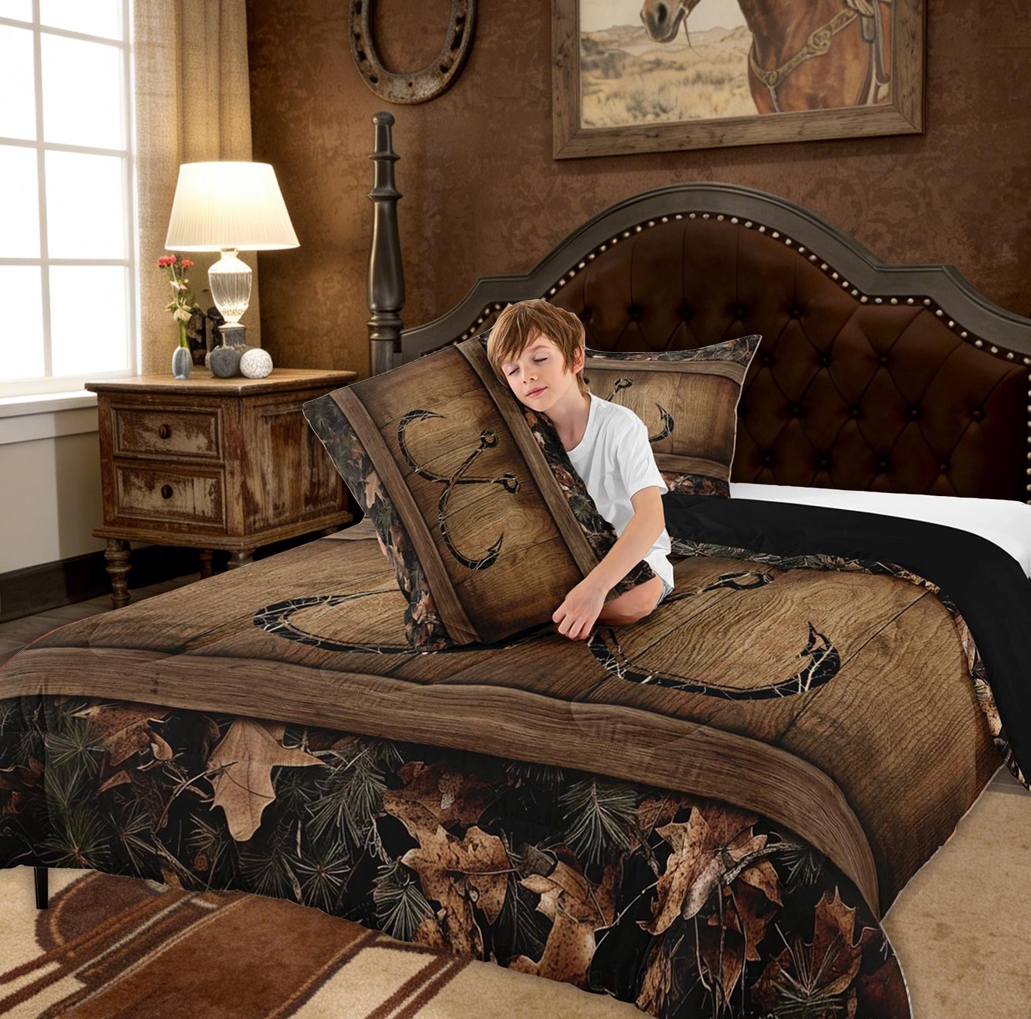 Rustic Lake Cabin Comforter Set Farmhouse Fishing Bedding Set Queen Size Tree Branches Camo Fish Hook Quilt Comforter Teen Men Country Camouflage Bed Duvet Set 3 Pcs