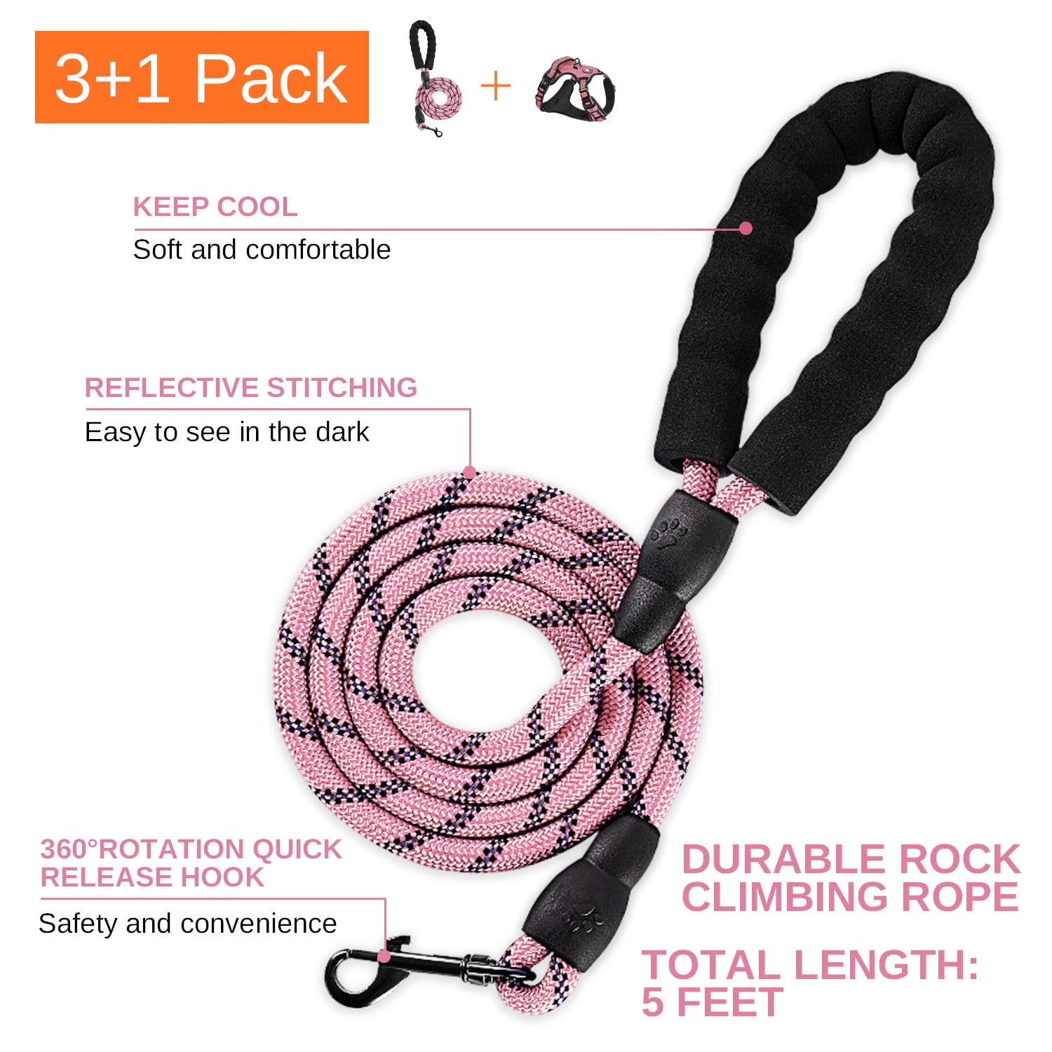 Hidpriva No Pull Dog Harness Leash Set , Soft Padded Dog Vest with Easy Control Handle, Reflective Adjustable Pet Harness for Large Dogs, Pink, XL
