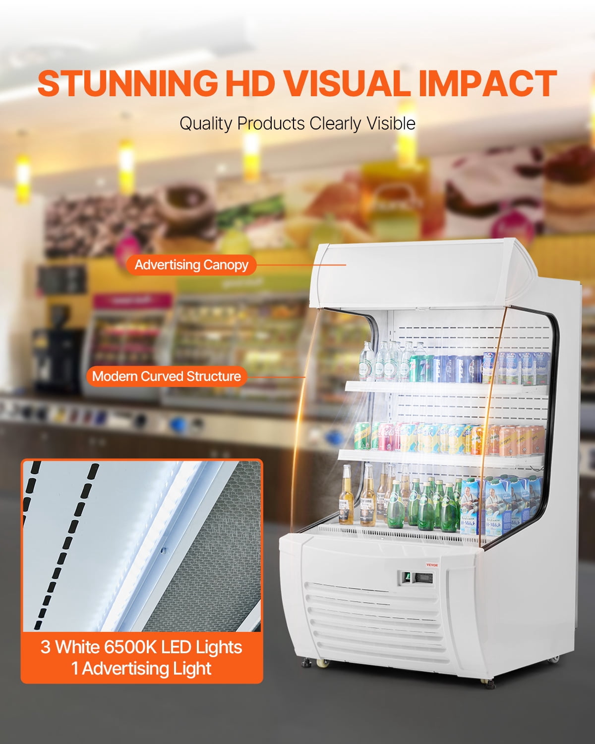 VEVOR Open Air Merchandiser, 2-Tier Shelving Commercial Refrigerator, Grab and Go Display Cooler Refrigerator with Air Curtain, LED Advertising Light, Fits for Restaurants, Stores, Office, 12.7cu.ft.