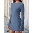 thumbnail image 6 of Women'S Elegant Boat Neck Long Flare Sleeve Ribbed Slim Fit Bodycon Knit Mini Dress Blue L, 6 of 9